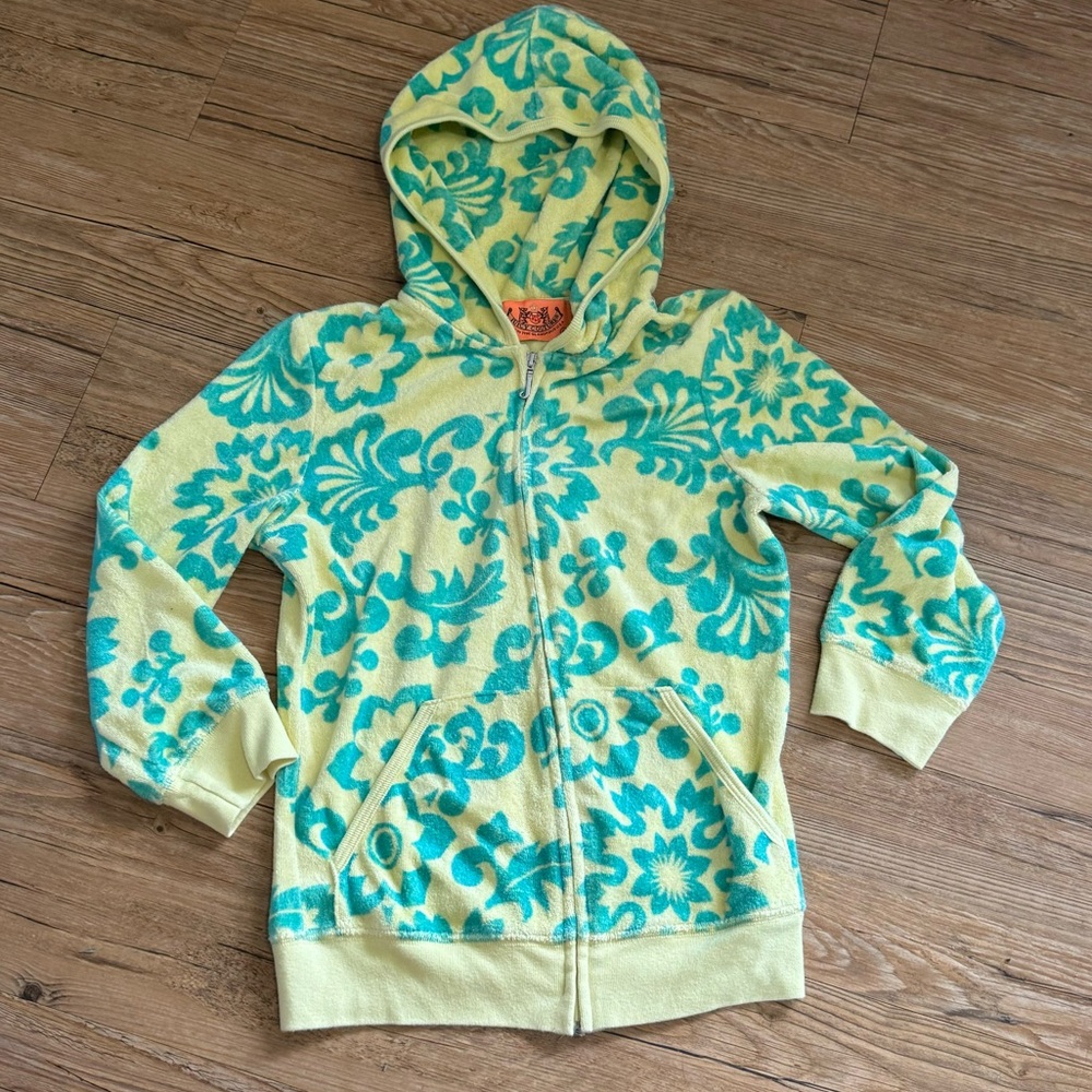 Juicy Couture 3/4 length sleeve hooded zip up turquoise/yellow floral pattern